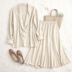 Vintage 80s Cotton Blend Midi Skirt Set M Cream Stripe Draped Collar Top Coastal